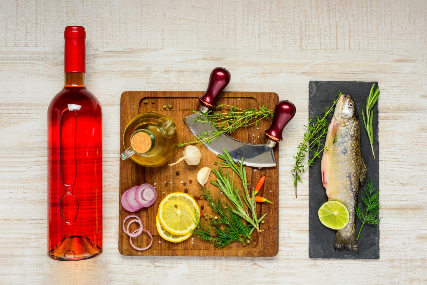 cooking trout fish and rose wine