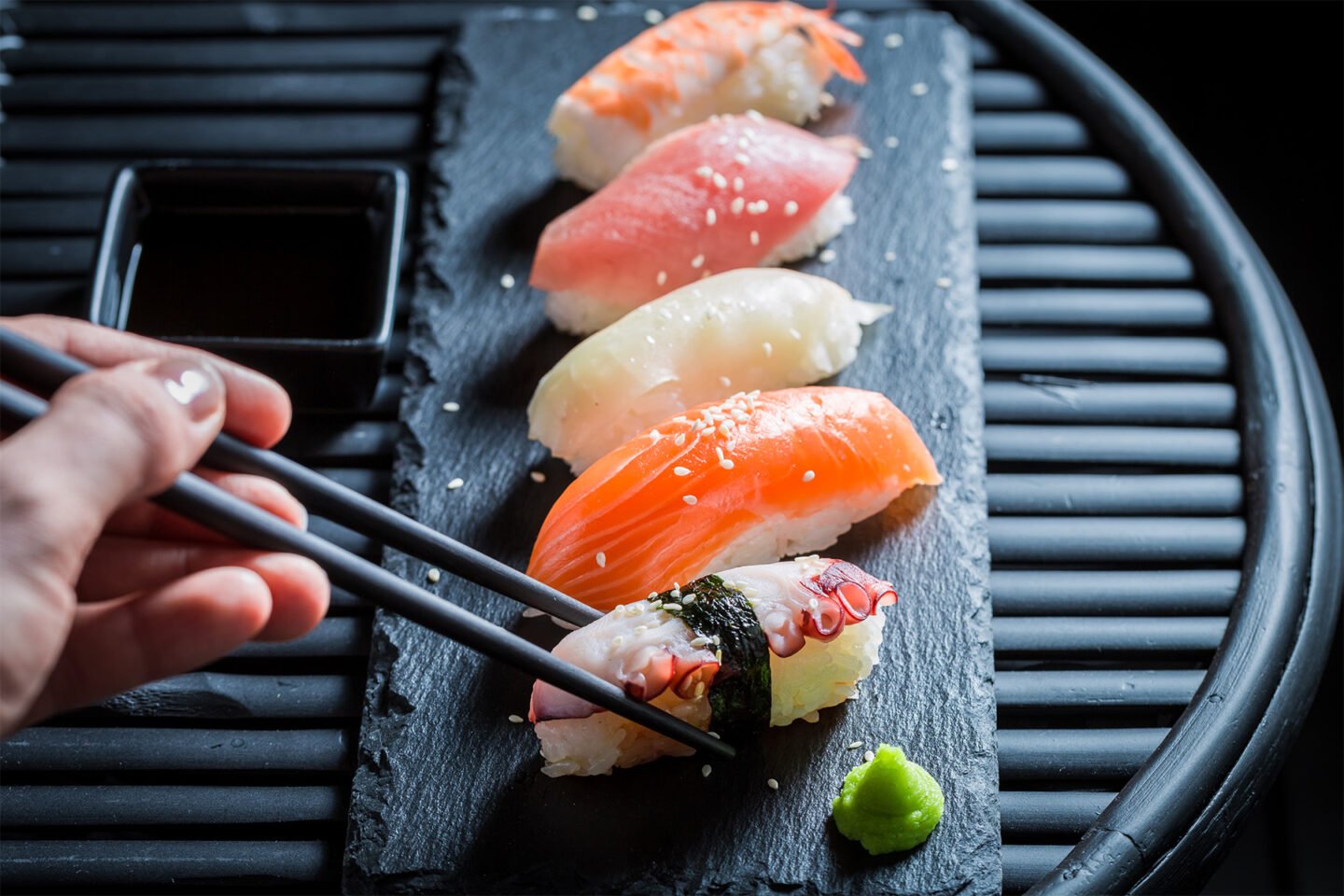 tasty and fresh nigiri sushi made of seafood