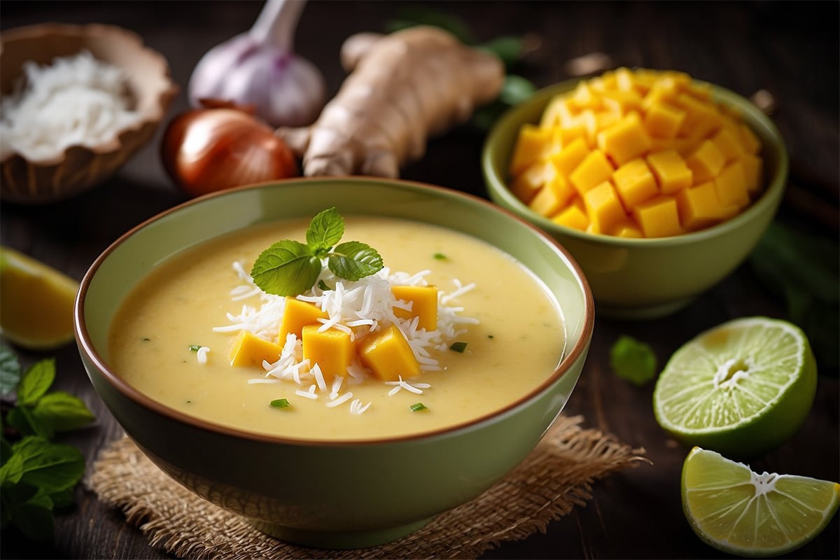 chilled mango coconut lime summer soup