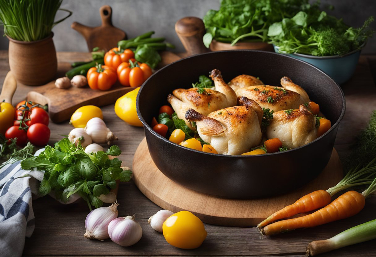 poussins in pot with veggies