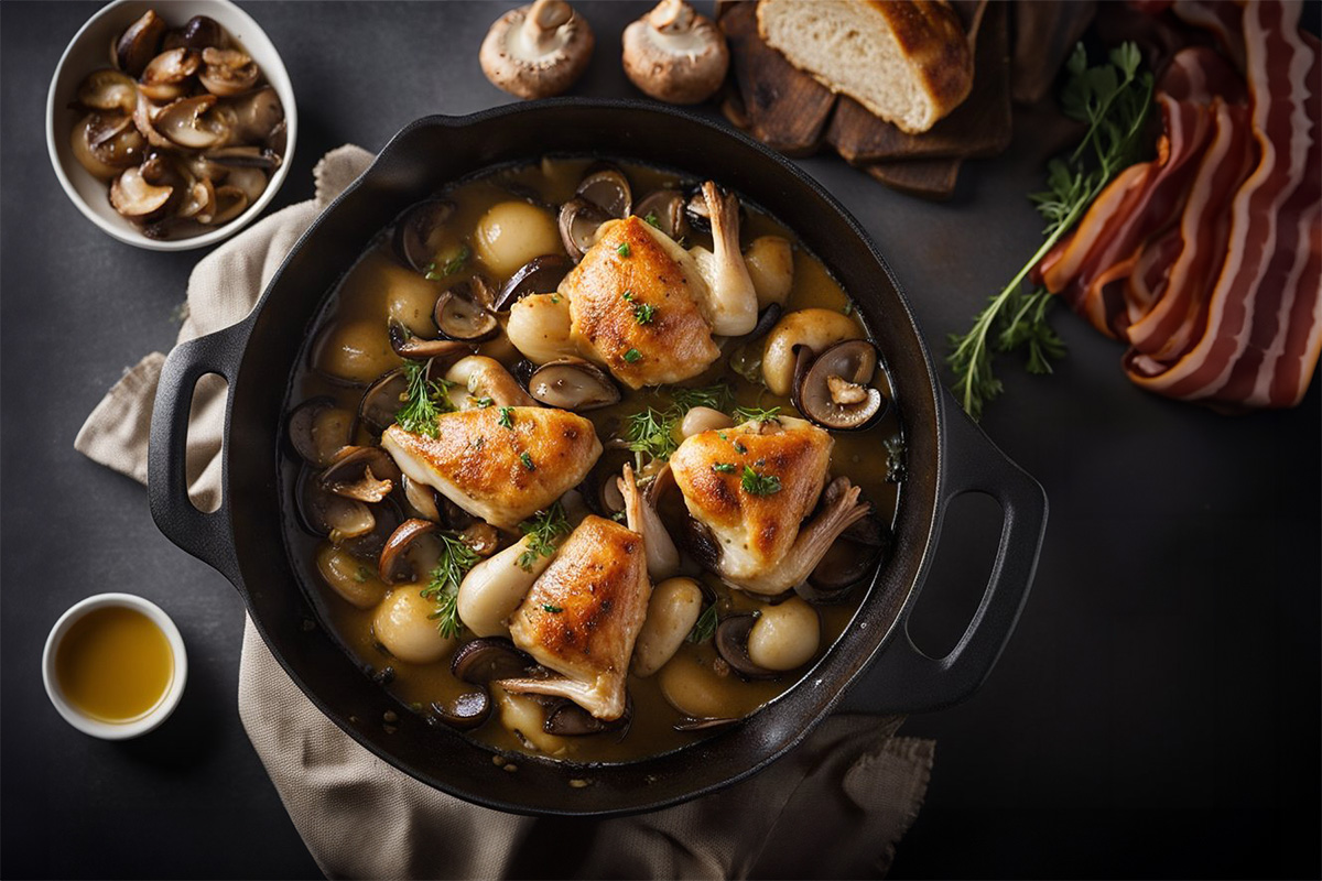 braised spring chicken with mushrooms and bacon 1