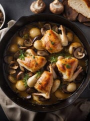 Poussins en Cocotte (Wine-Braised Chicken) with Mushrooms and Bacon