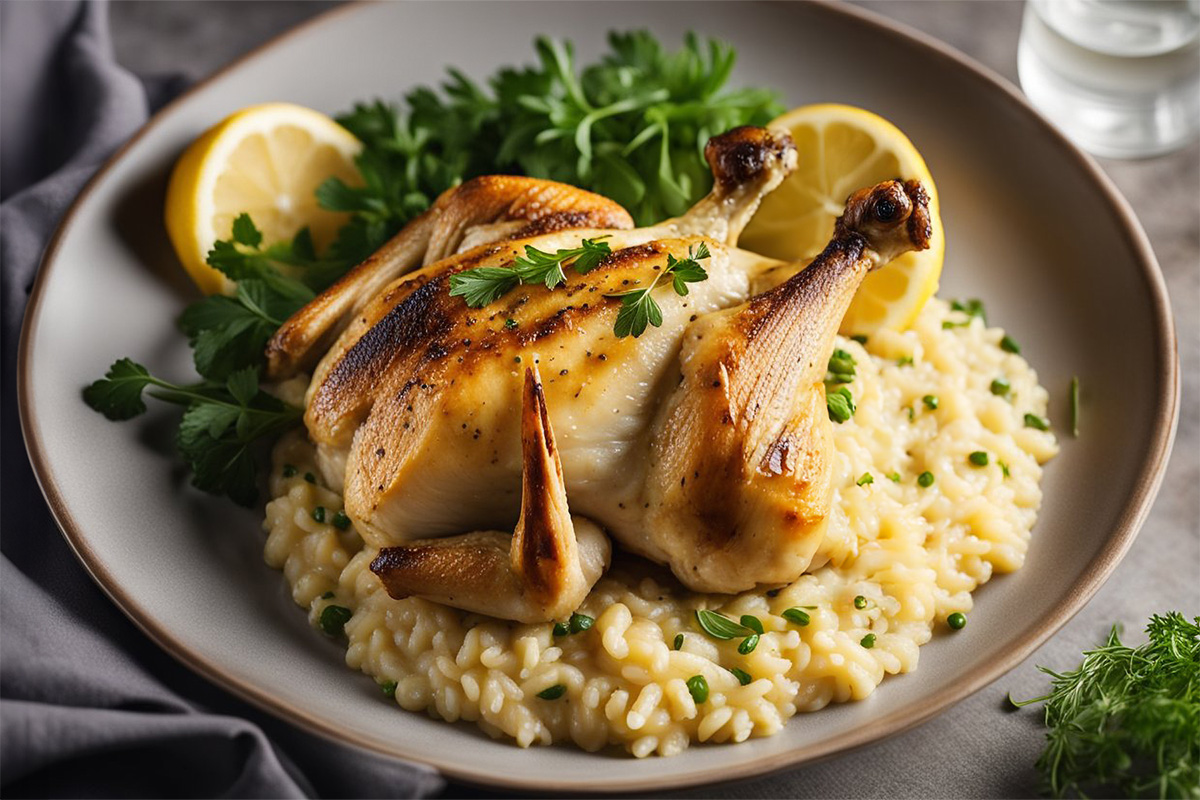 roasted spring chicken on lemon risotto