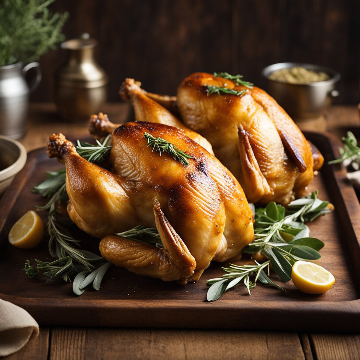 roasted spring chickens stuffed with pork and sage
