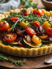 loaded vegetable tart with smashed potato crust