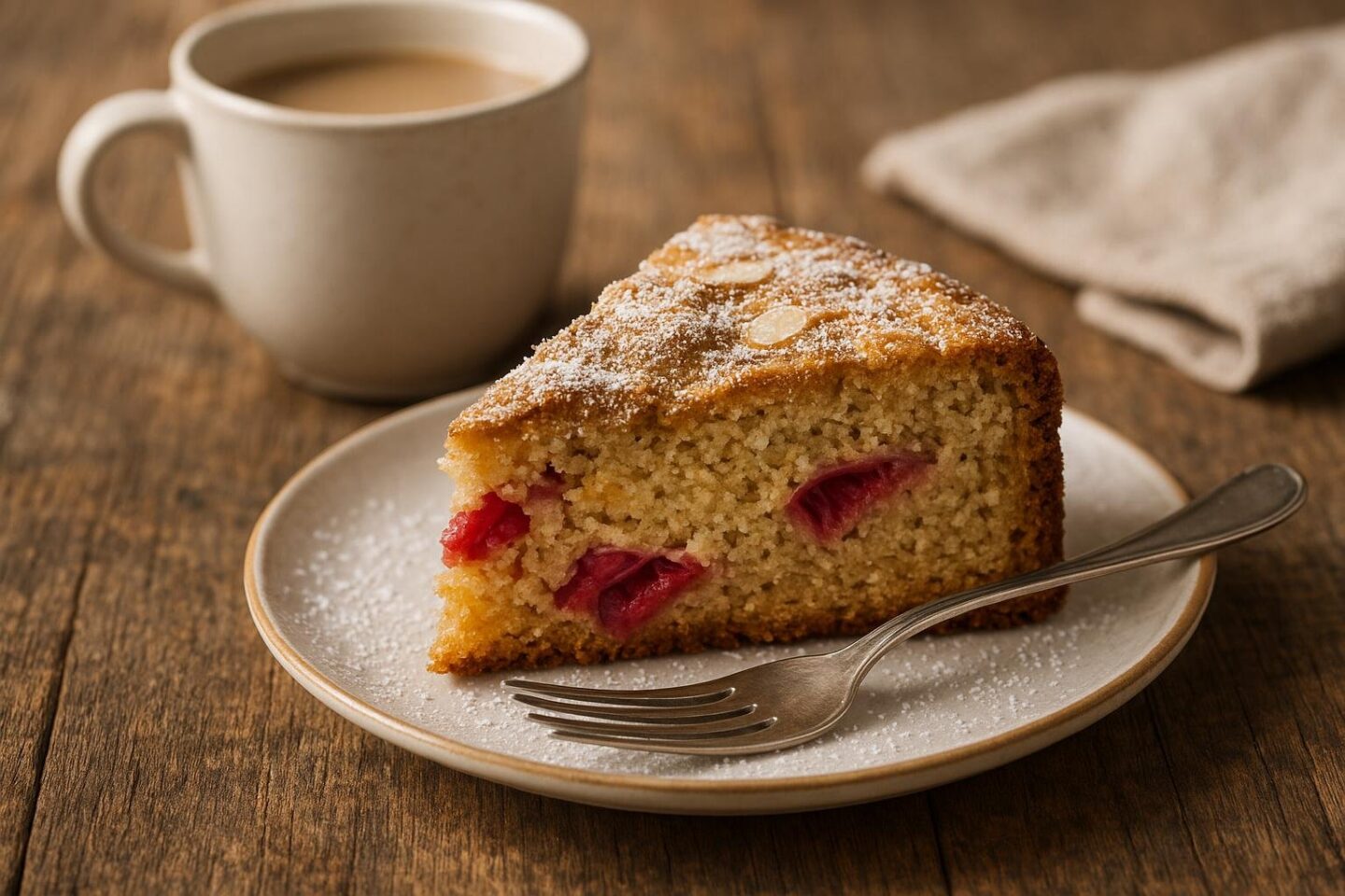 rhubarb coffee cake with hot coffee