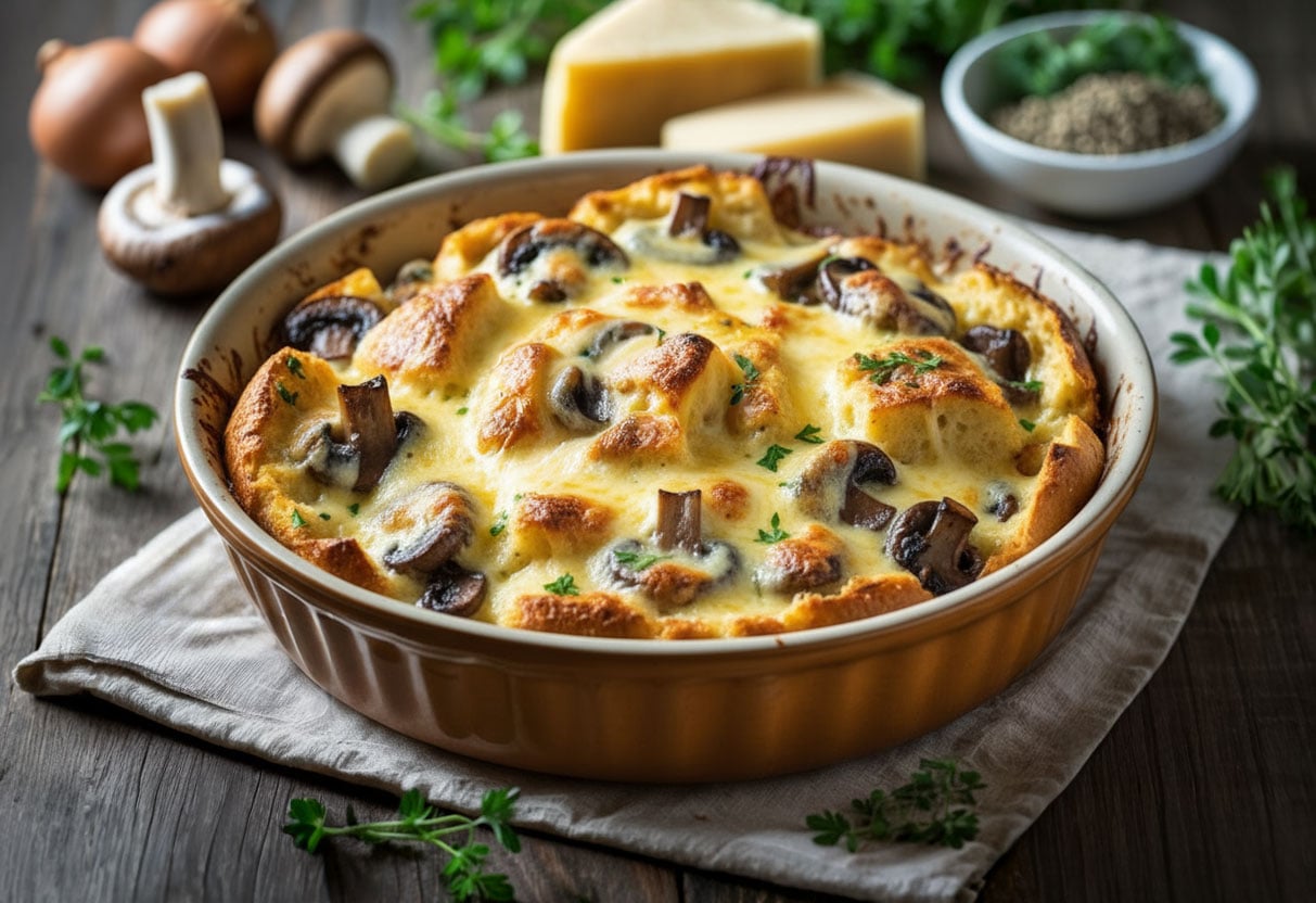 mushroom onion bread pudding