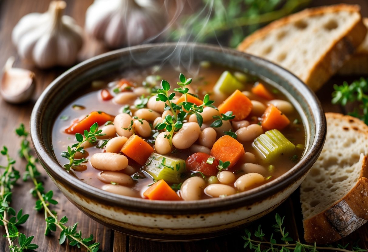 A bowl of vegetable and bean soup garnished with garlic and thyme on a wooden table with fresh ingredients nearby.