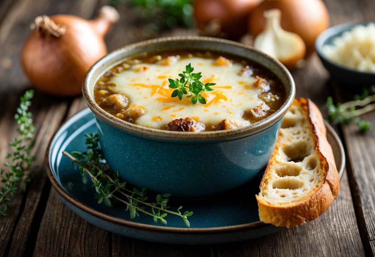 A bowl of French onion soup topped with melted cheese and a toasted baguette slice on a wooden table with fresh onions and herbs nearby.