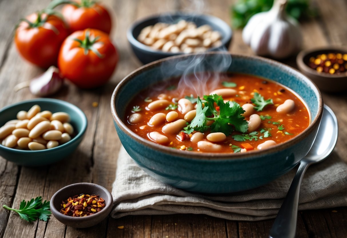 A steaming bowl of spicy tomato and white bean soup garnished with fresh herbs on a wooden table with ingredients around it.
