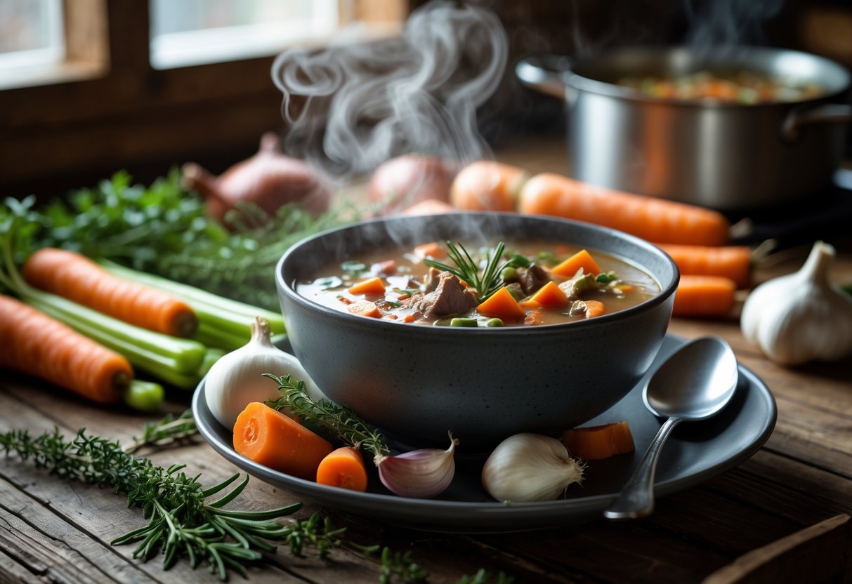 A variety of steaming winter soups and stews in bowls and pots arranged on a wooden table with fresh ingredients and bread nearby.