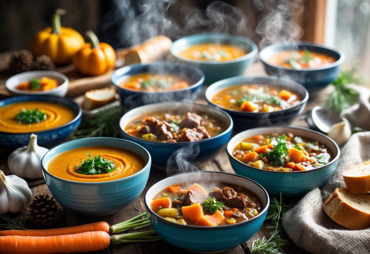 A kitchen countertop with bowls and glass containers of steaming winter soups and stews, fresh herbs, and bread near a stove with a pot simmering.