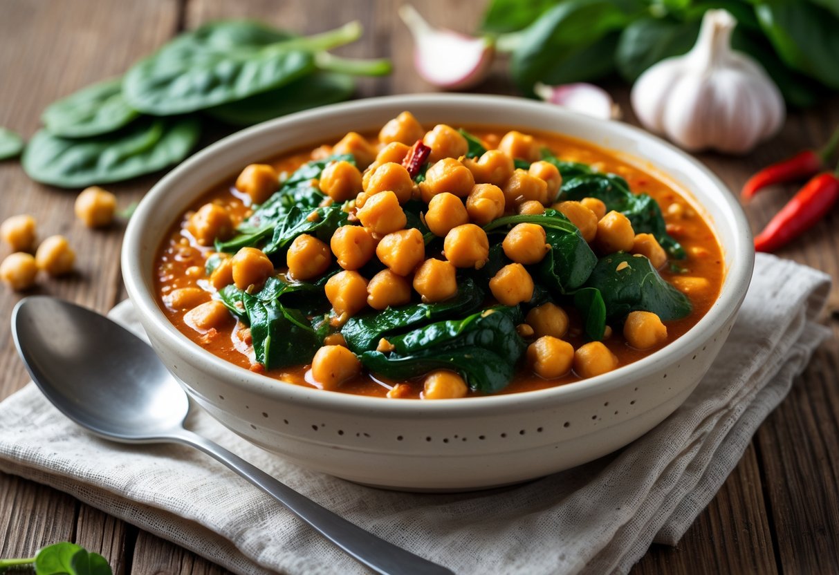 A bowl of spicy chickpea and spinach curry stew on a wooden table with fresh ingredients around it.