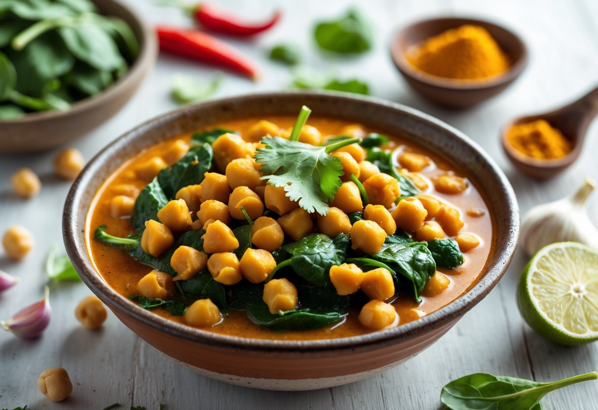 A bowl of spicy chickpea and spinach curry stew surrounded by fresh ingredients on a wooden table.