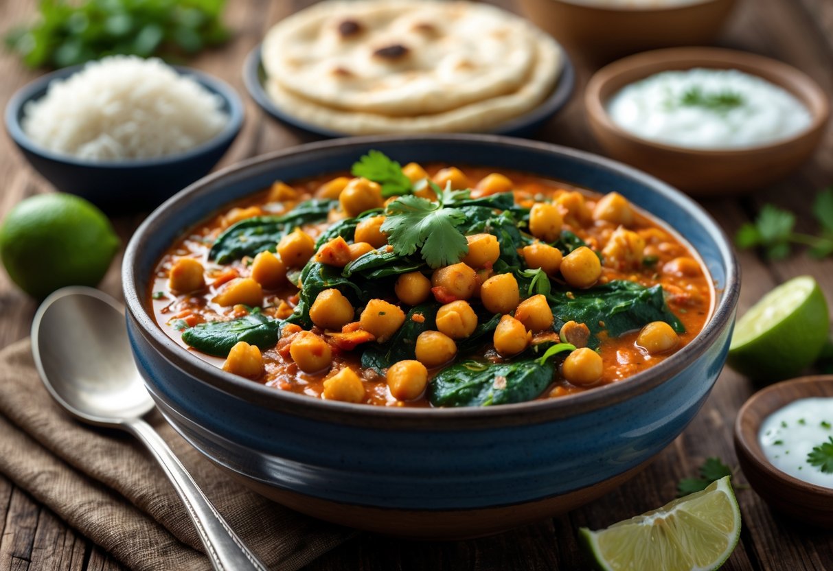 A bowl of spicy chickpea and spinach curry stew with rice, naan bread, lime wedges, and yogurt on a wooden table.