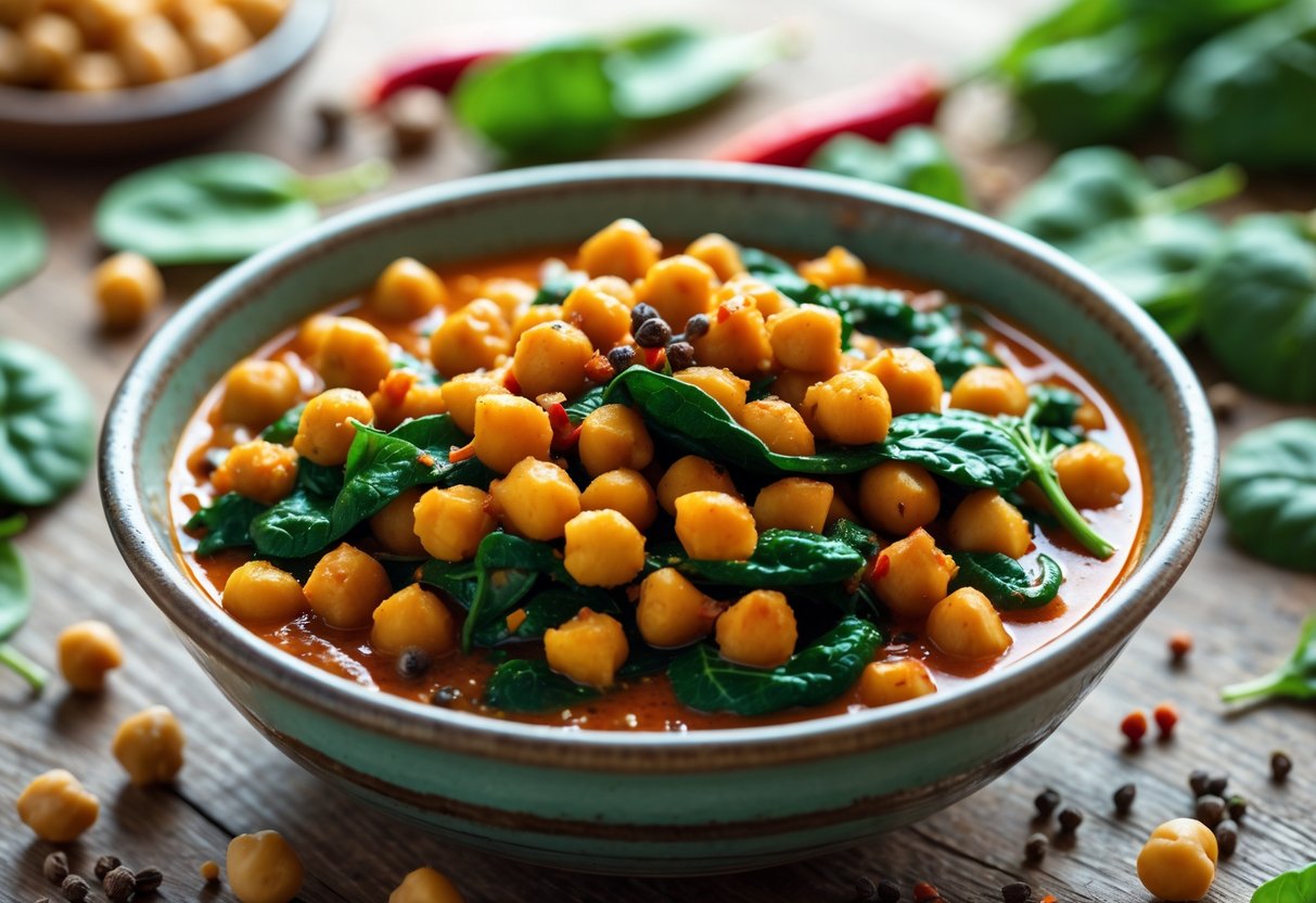 A bowl of spicy chickpea and spinach curry stew on a wooden table with fresh ingredients around it.
