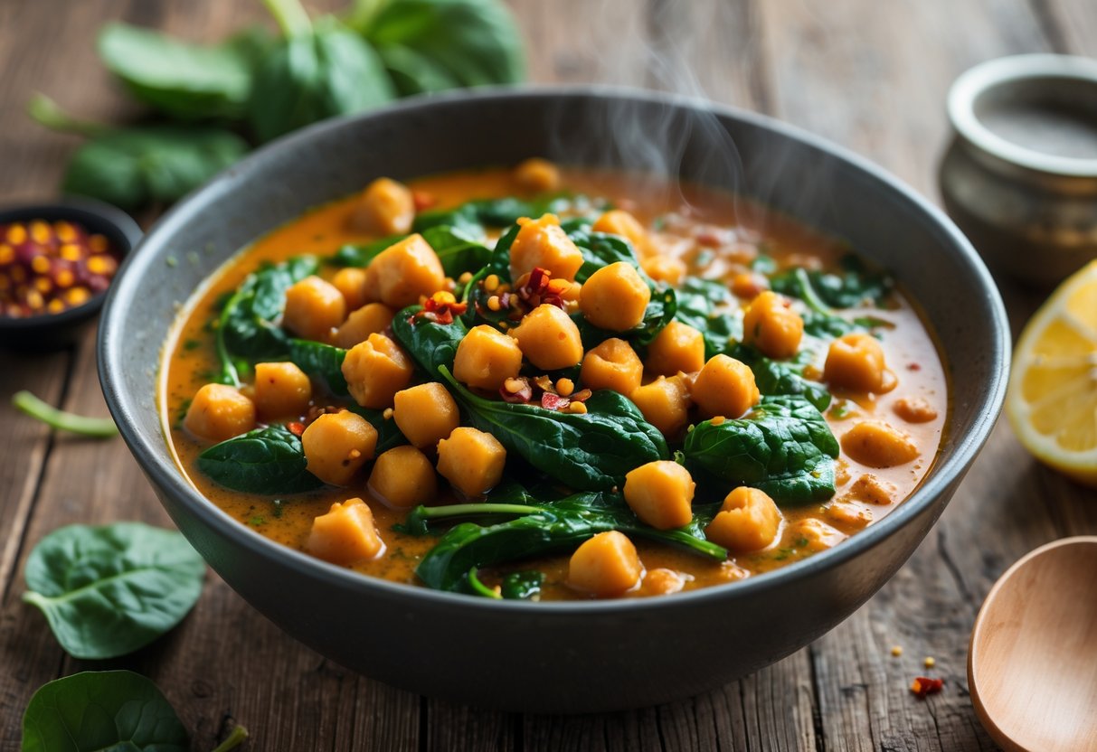 A bowl of spicy chickpea and spinach curry stew on a wooden table with a wooden spoon and fresh ingredients nearby.