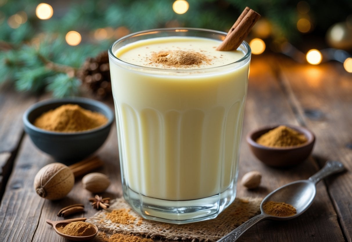 A glass of creamy custard-style eggnog garnished with nutmeg and a cinnamon stick on a wooden table with spices around it.