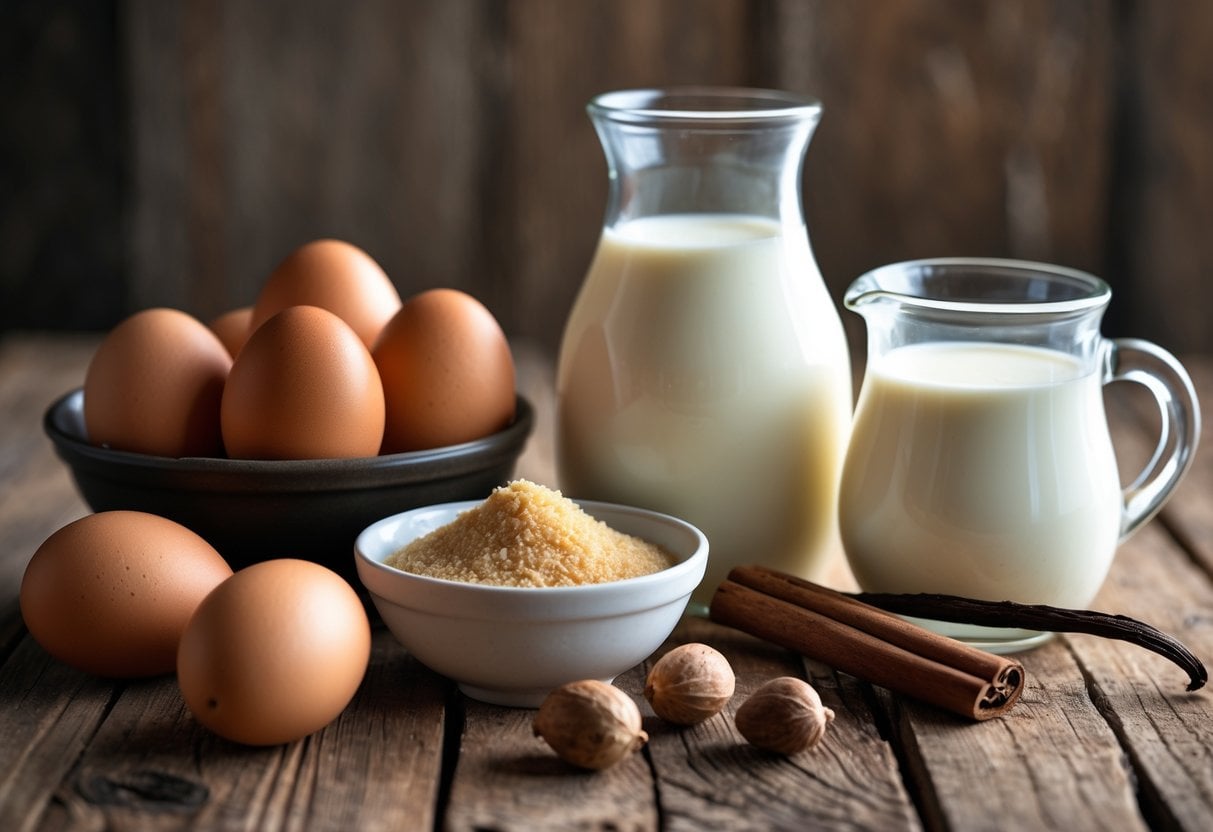 A wooden table displaying eggs, sugar, milk, cream, cinnamon stick, nutmegs, and a vanilla bean pod arranged together.