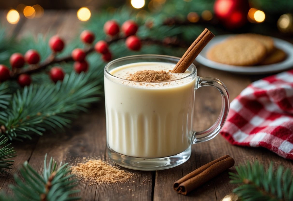 A glass of creamy eggnog garnished with cinnamon on a wooden table decorated with pine branches, red berries, and holiday ornaments.