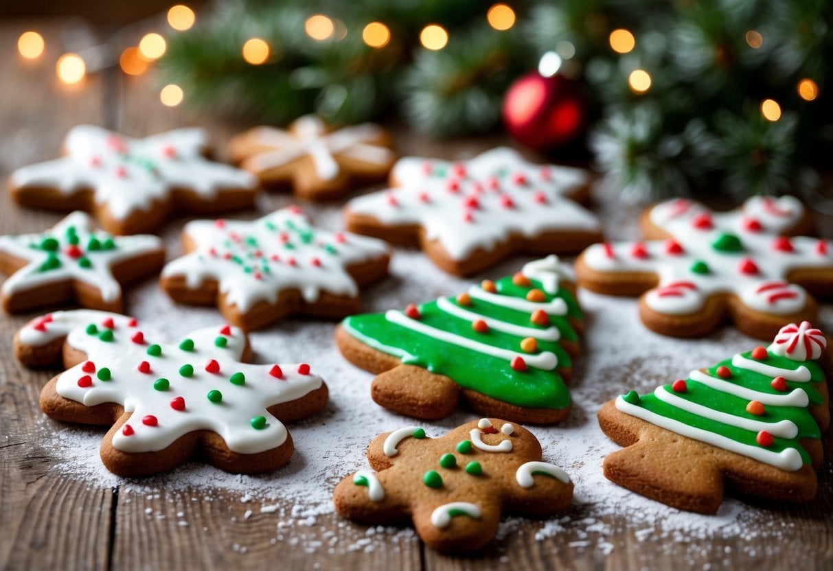 Assorted decorated gingerbread cookies on a wooden table with Christmas lights and evergreen branches in the background.