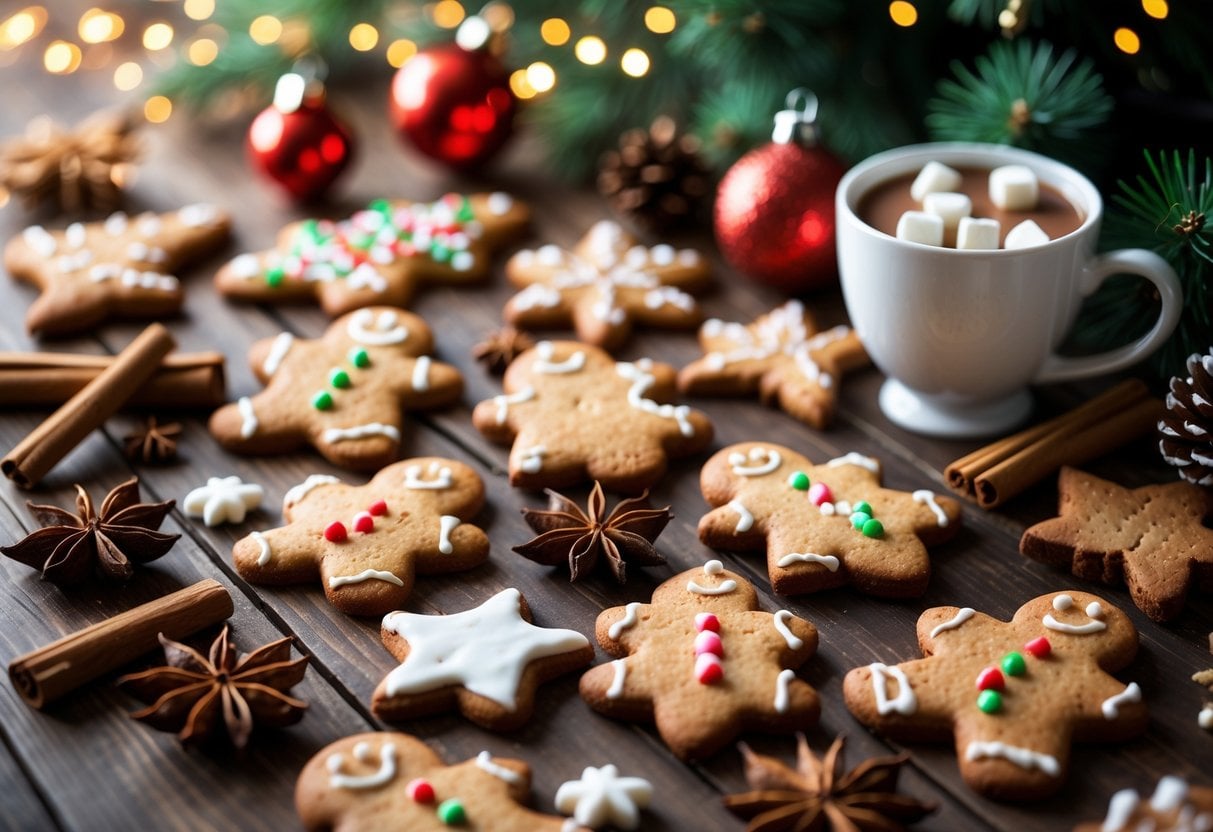 A table with decorated gingerbread cookies, holiday spices, pine branches, and a warm drink, set against a festive Christmas background.