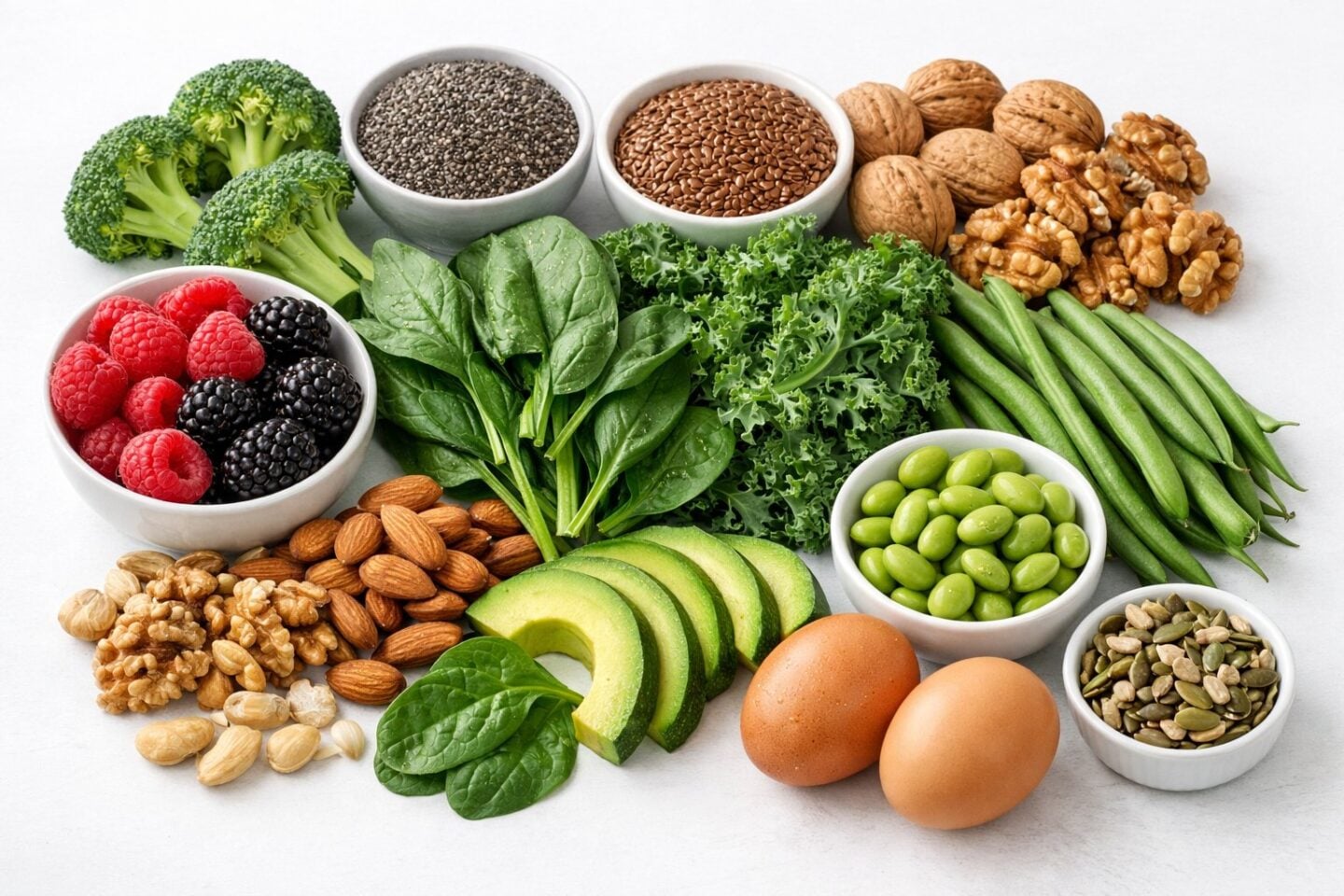 An assortment of fresh vegetables, nuts, seeds, berries, avocado, and eggs arranged on a white surface.