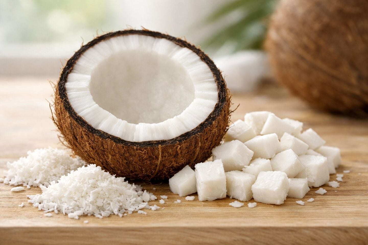 A halved coconut showing white coconut meat on a wooden surface with shredded coconut pieces nearby.