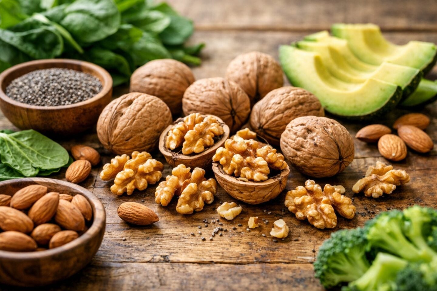 Close-up of walnuts and other fiber-rich, low-carb foods arranged on a wooden table.