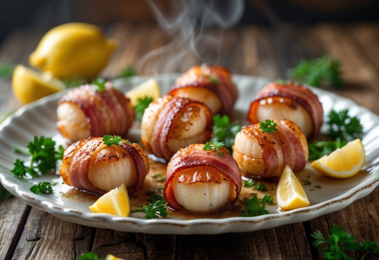 A plate of bacon-wrapped scallops garnished with fresh herbs and lemon wedges on a wooden table.