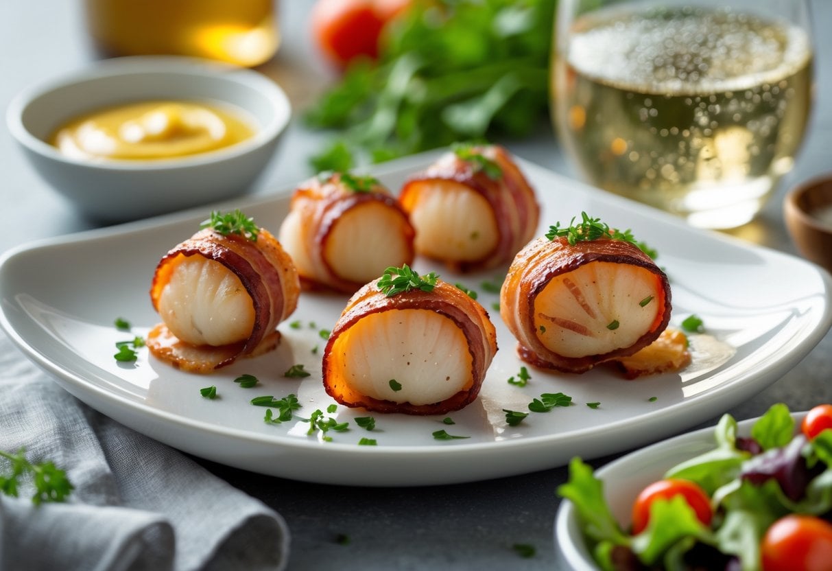 Plate of bacon-wrapped scallops garnished with herbs, accompanied by a bowl of dipping sauce, a glass of white wine, and a side salad.