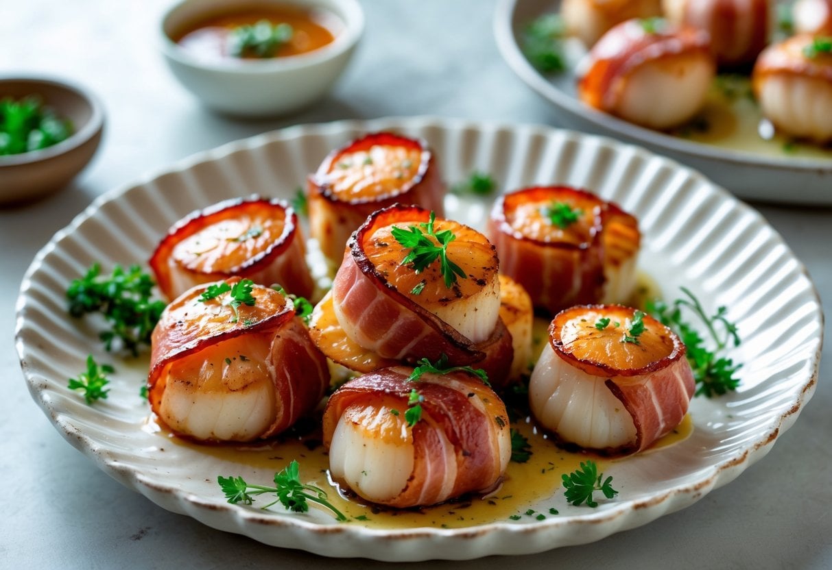 Close-up of bacon-wrapped scallops on a white plate garnished with herbs and a small bowl of sauce in the background.