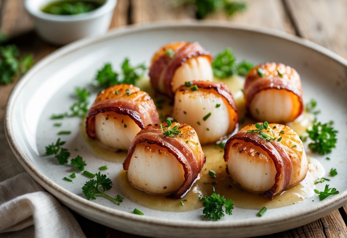 Close-up of a plate with bacon-wrapped scallops garnished with fresh herbs on a wooden table.