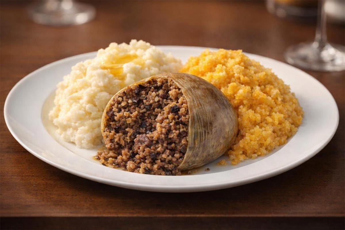 haggis served with neeps and tatties