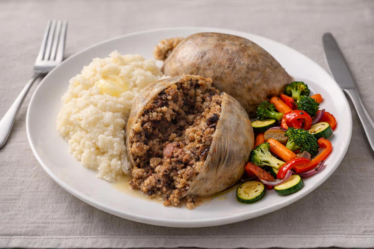 haggis with mashed potatoes and veggies