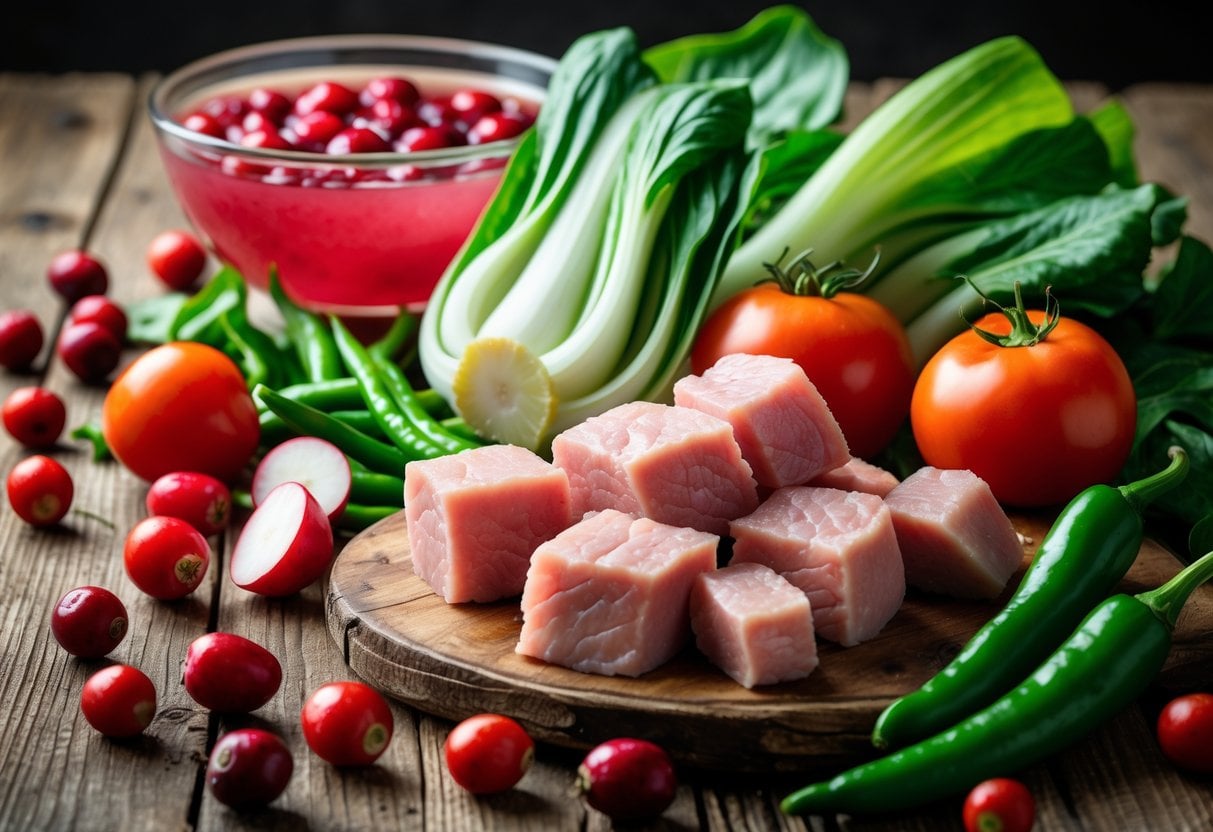 Fresh vegetables, pork meat, and a bowl of bright cranberry broth arranged on a wooden table for making pork sinigang.