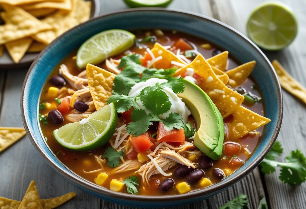 A bowl of chicken tortilla soup topped with tortilla strips, avocado slices, lime wedges, cheese, and cilantro on a wooden table with extra garnishes nearby.