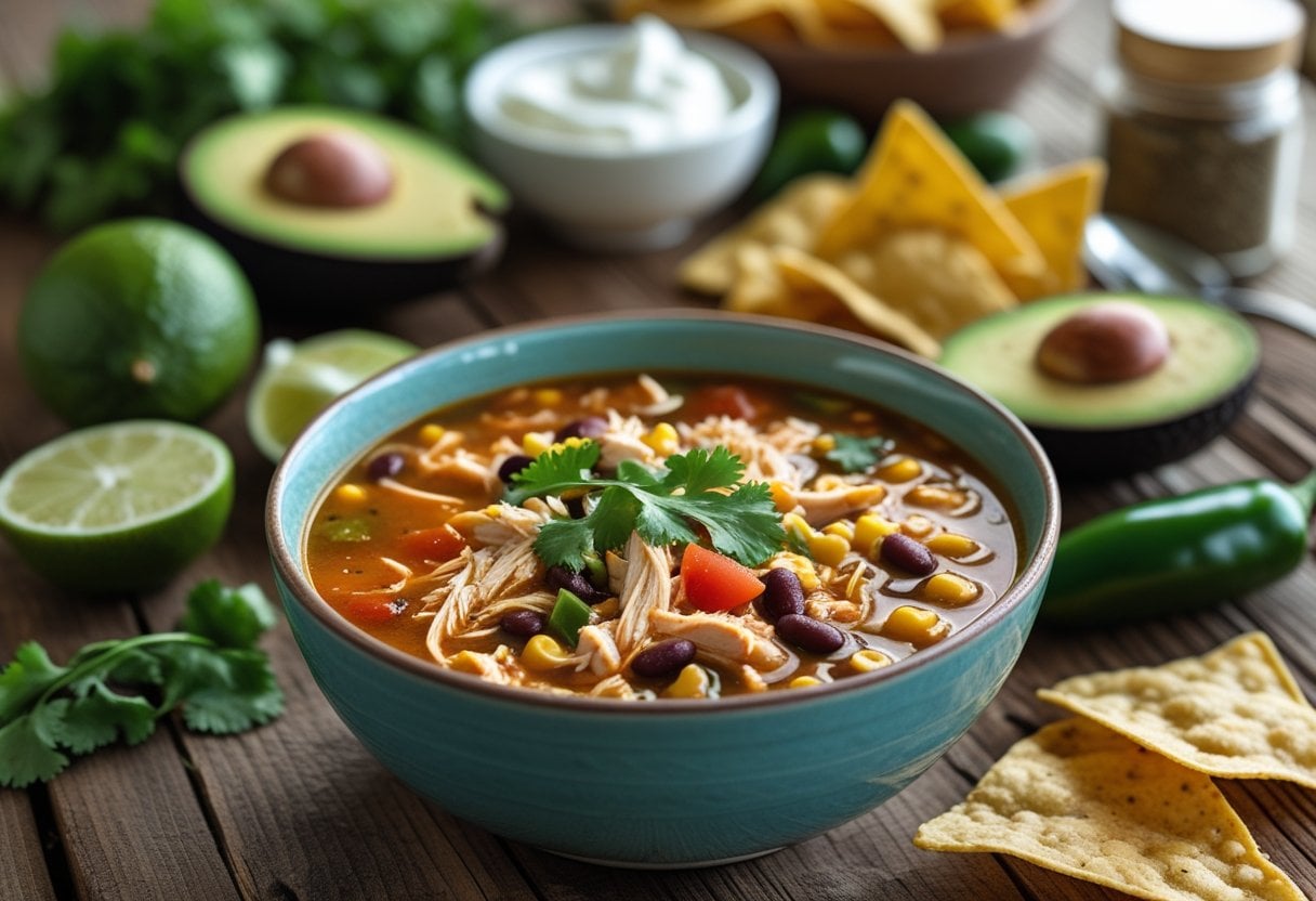 A bowl of chicken tortilla soup with shredded chicken, beans, corn, and herbs on a wooden table surrounded by fresh ingredients and tortilla chips.