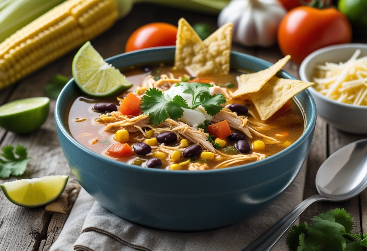 A bowl of chicken tortilla soup with tortilla strips and fresh garnishes on a wooden table surrounded by fresh ingredients.