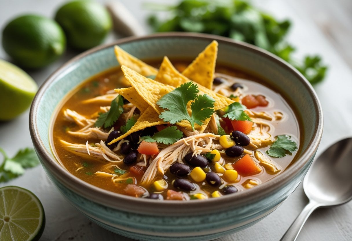 A bowl of chicken tortilla soup garnished with tortilla strips and cilantro on a wooden table with fresh ingredients around it.