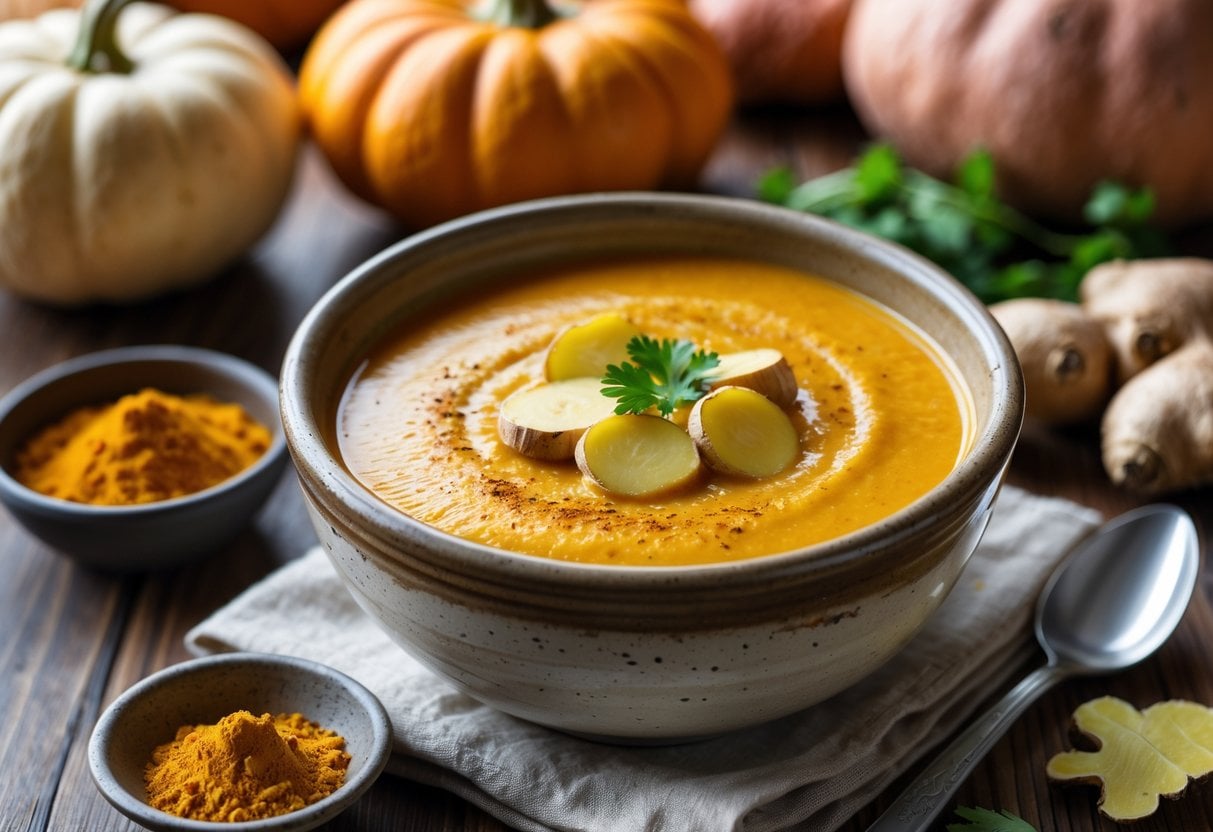 A bowl of creamy pumpkin and sweet potato soup garnished with ginger slices and turmeric, surrounded by fresh pumpkins, sweet potatoes, and ginger on a wooden table.