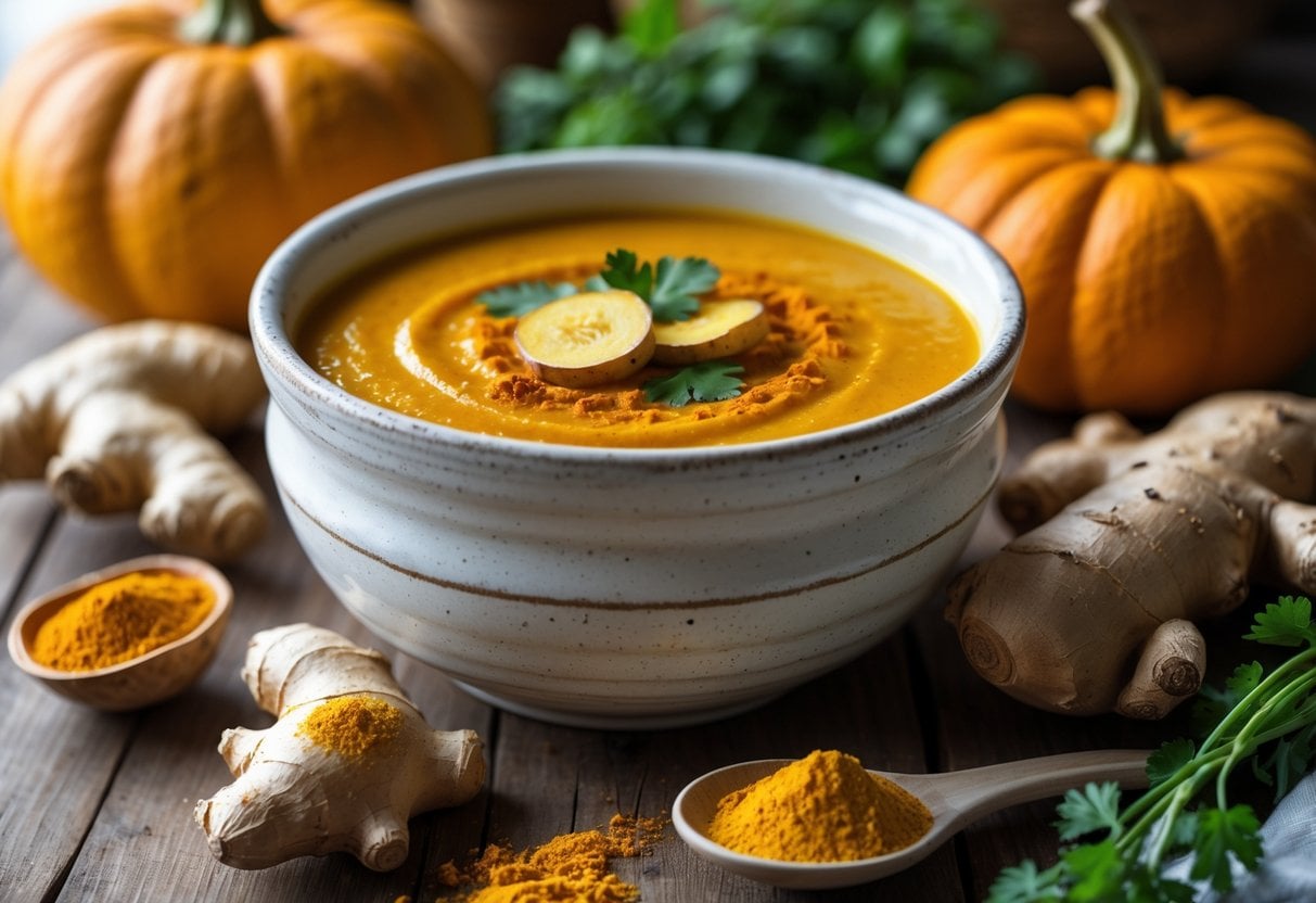 A bowl of pumpkin and sweet potato soup garnished with ginger and turmeric, surrounded by fresh pumpkins, sweet potatoes, and ginger on a wooden table.