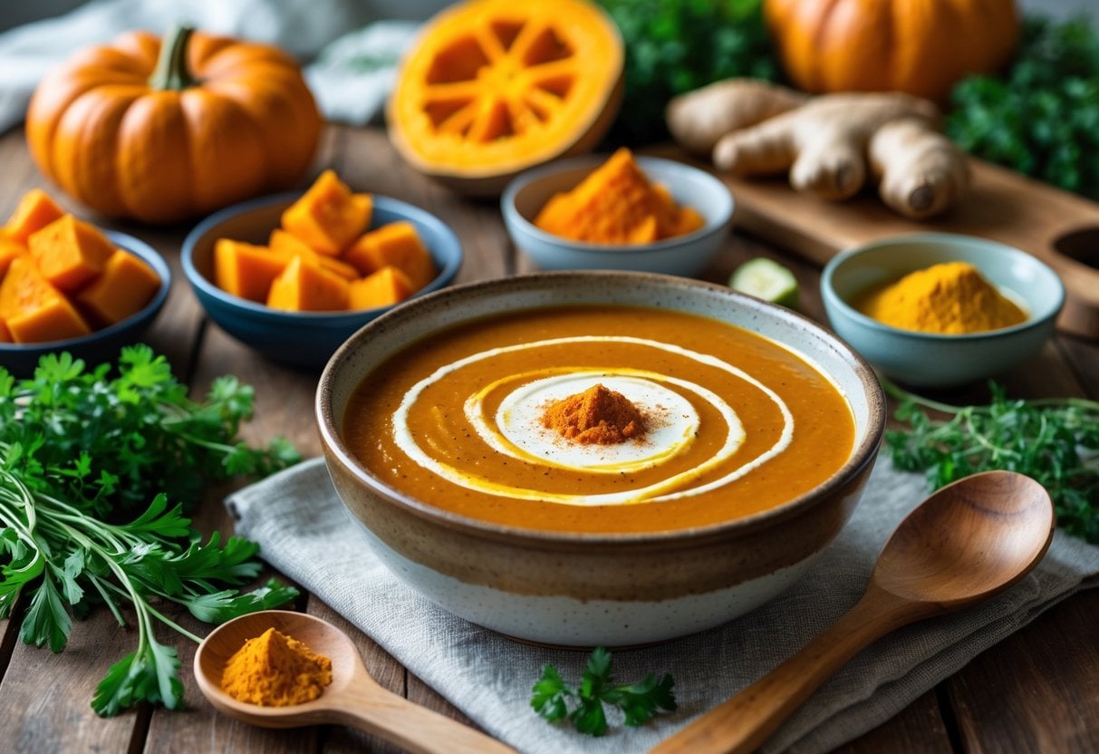 A wooden table with fresh pumpkin, sweet potatoes, ginger, turmeric, herbs, and a bowl of creamy pumpkin and sweet potato soup garnished with cream and turmeric.
