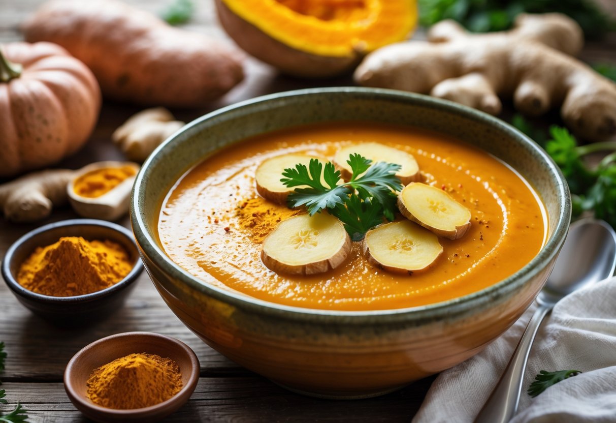 A bowl of pumpkin and sweet potato soup garnished with ginger and turmeric, surrounded by fresh pumpkins, sweet potatoes, and ginger on a wooden table.