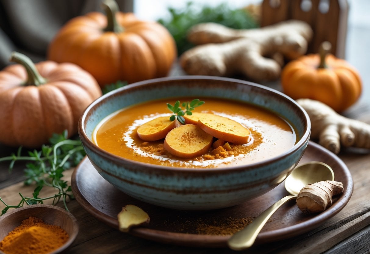 A bowl of pumpkin and sweet potato soup garnished with ginger and turmeric, surrounded by pumpkins, sweet potatoes, and fresh herbs on a wooden table.