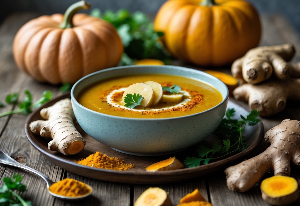 A bowl of pumpkin and sweet potato soup garnished with ginger and turmeric, surrounded by fresh pumpkins, sweet potatoes, and ginger on a wooden table.