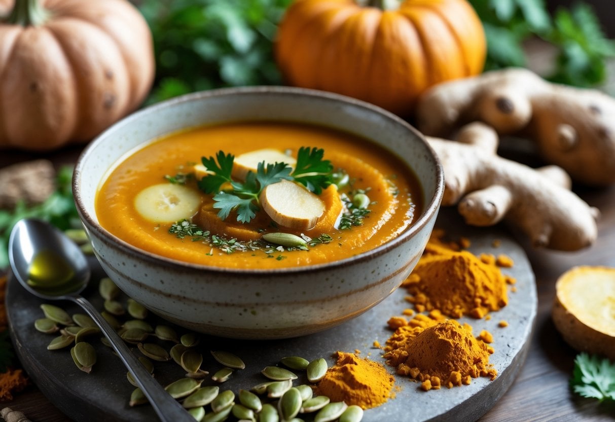 A bowl of pumpkin and sweet potato soup garnished with ginger slices, turmeric, herbs, and pumpkin seeds on a wooden surface with fresh ingredients around it.