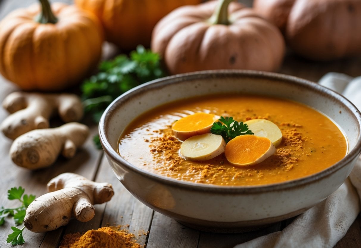 A bowl of pumpkin and sweet potato soup garnished with ginger and turmeric, surrounded by fresh pumpkins, sweet potatoes, and ginger on a wooden table.