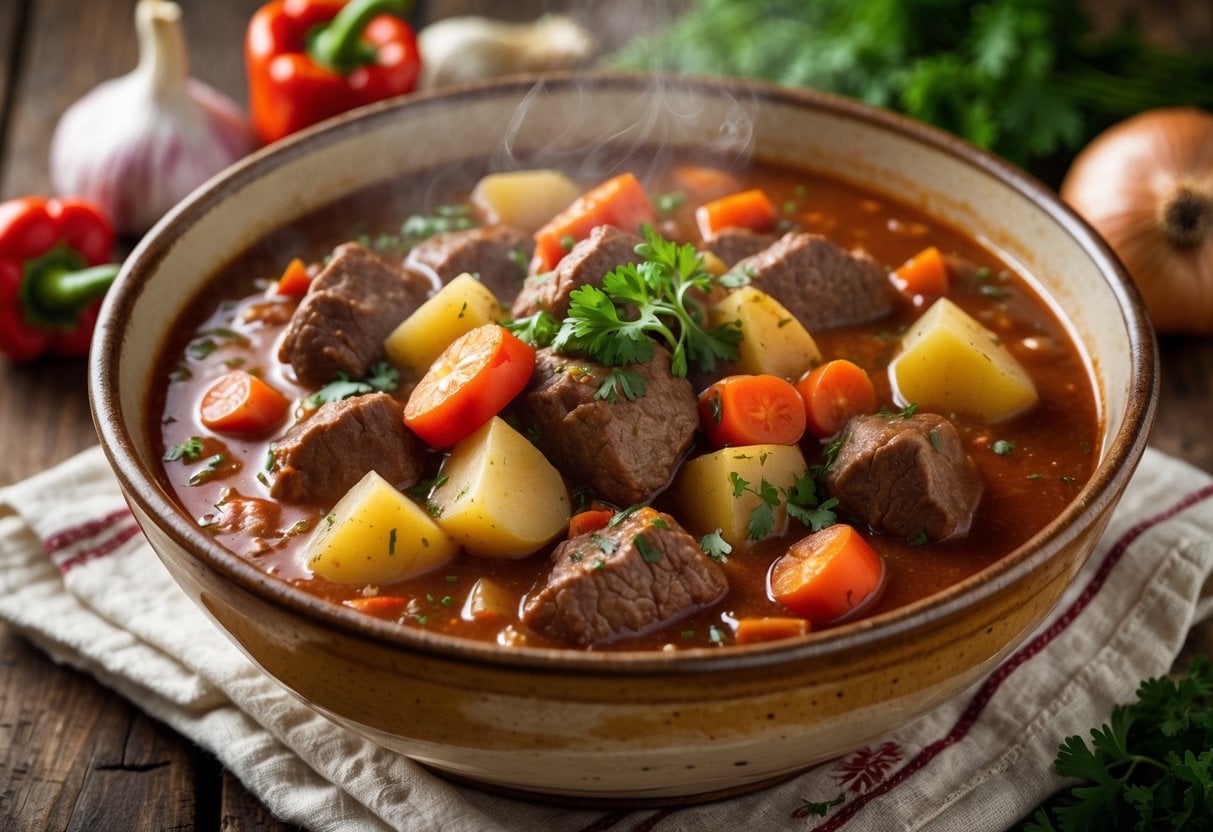 A bowl of Hungarian Goulash stew with beef, vegetables, and paprika on a wooden table with fresh ingredients around it.