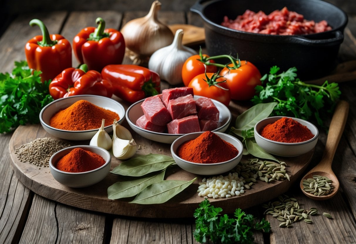 A wooden table with fresh paprika peppers, onions, garlic, beef chunks, tomatoes, spices, herbs, and a wooden spoon arranged for making Hungarian goulash.
